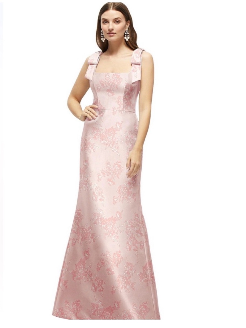 ALFRED SUNG fit & flare shoulder with shoulder bows; color: bow and blossom
